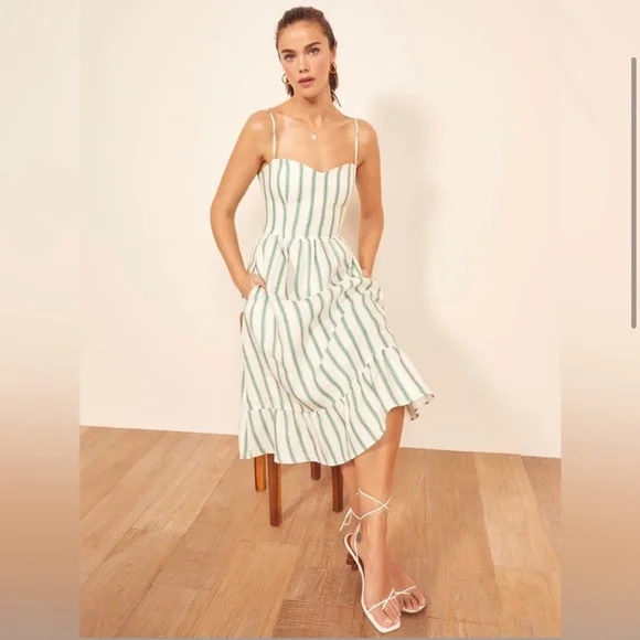 Reformation Eileen Striped Linen Midi Dress Sz 0 - Picture 5 of 10
